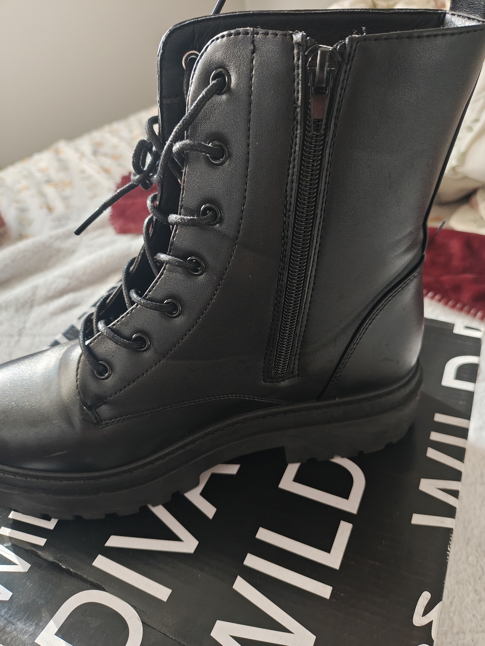 Wild Diva Black Lace-Up Combat Boots with Side Zip